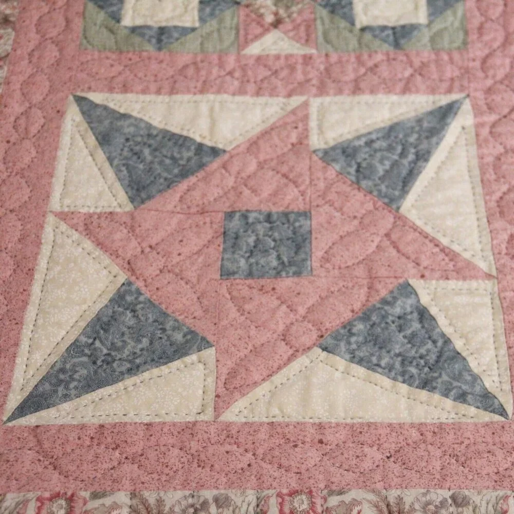 Vintage 80's/90's Completely Handmade Hand Stitched Quilt Pink Squares 87L x 60W